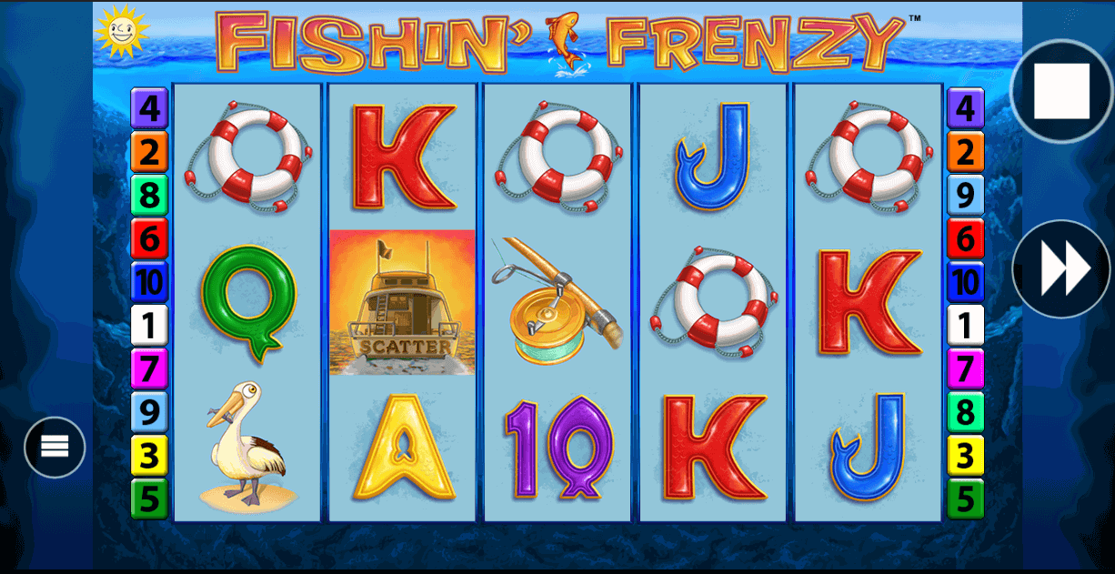 Fishin' Frenzy free games in the dark: the fisherman wild stands among glowing fish symbols carrying cash values while the reels light up around him